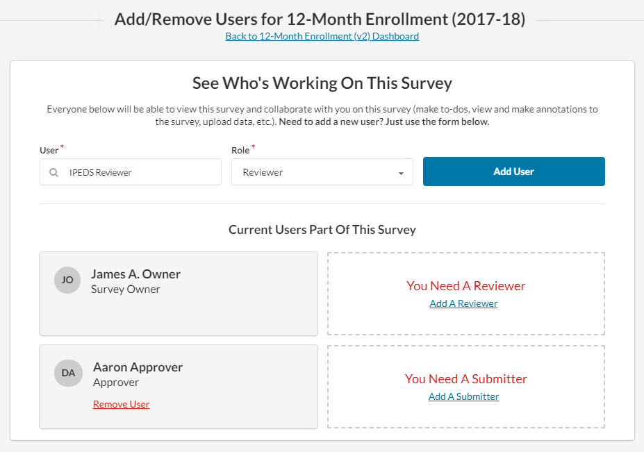 Add/remove users for Student Financial Aid (v1) dialog showing the user "IPEDS Reviewer" and the "Reviewer" role selected in the Role drop-down.